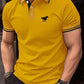 Men Horse Print Striped Trim Polo Shirt Short Sleeve Basic Modern Solid Color Golf Shirt Men's Clothing - Clothesfassion.store