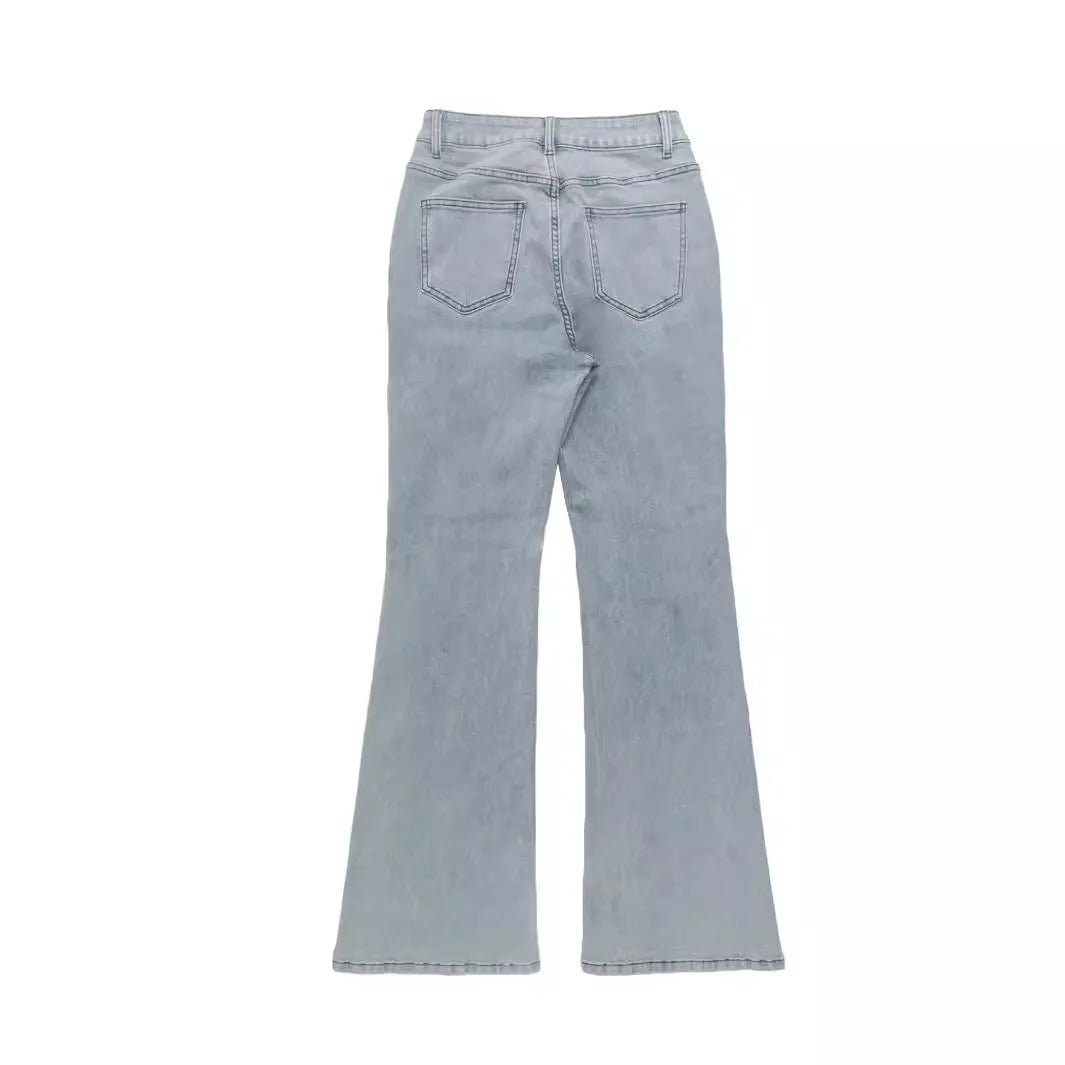 Men Jeans Boot Cut Solid Jean Wide Leg Denim Pant Distressed Washed Full Ankle Length Pockets Zipper Fly High Waist Basics - Clothesfassion.store