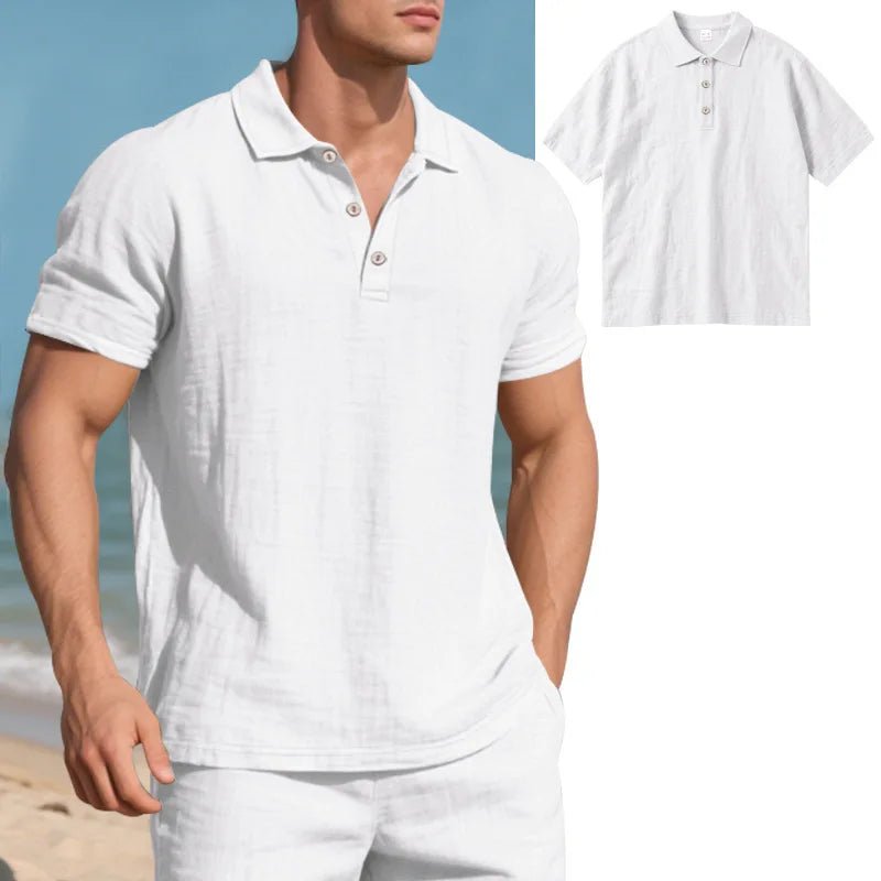 Men s Casual Short Sleeve Linen Shirt with Lapel Collar and Button Detail - Lightweight Summer Top for a Stylish Look - Clothesfassion.store
