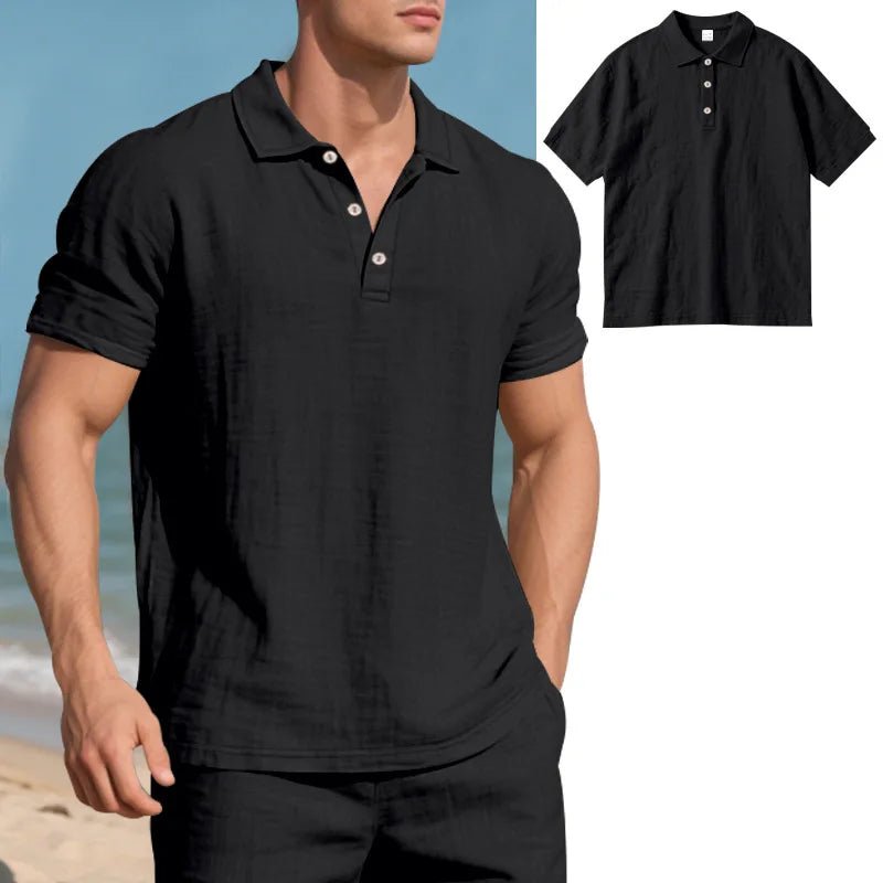 Men s Casual Short Sleeve Linen Shirt with Lapel Collar and Button Detail - Lightweight Summer Top for a Stylish Look - Clothesfassion.store