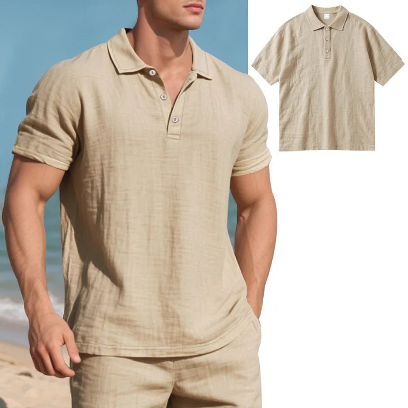 Men s Casual Short Sleeve Linen Shirt with Lapel Collar and Button Detail - Lightweight Summer Top for a Stylish Look - Clothesfassion.store