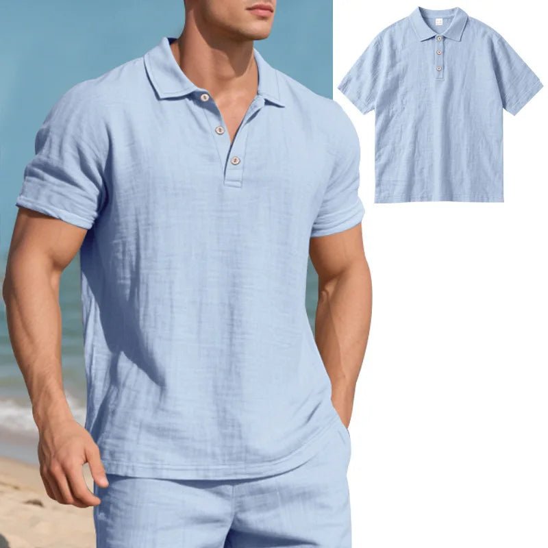 Men s Casual Short Sleeve Linen Shirt with Lapel Collar and Button Detail - Lightweight Summer Top for a Stylish Look - Clothesfassion.store