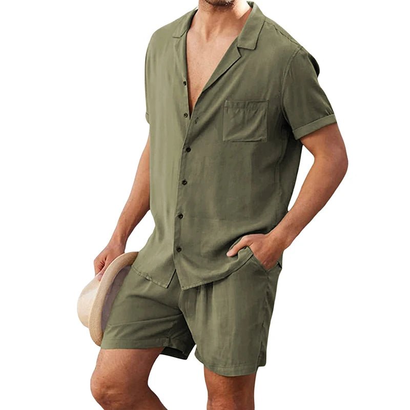 Men s Casual Two Piece Linen Outfit with Short Sleeve Button - up Shirt and Elastic Waist Shorts in Solid Color - Clothesfassion.store