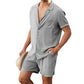 Men s Casual Two Piece Linen Outfit with Short Sleeve Button - up Shirt and Elastic Waist Shorts in Solid Color - Clothesfassion.store