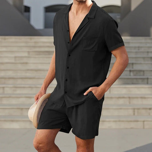 Men s Casual Two Piece Linen Outfit with Short Sleeve Button - up Shirt and Elastic Waist Shorts in Solid Color - Clothesfassion.store
