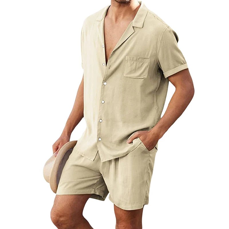 Men s Casual Two Piece Linen Outfit with Short Sleeve Button - up Shirt and Elastic Waist Shorts in Solid Color - Clothesfassion.store