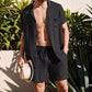 Men s Casual Two Piece Linen Outfit with Short Sleeve Button - up Shirt and Elastic Waist Shorts in Solid Color - Clothesfassion.store
