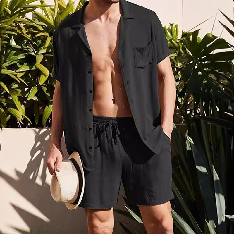 Men s Casual Two Piece Linen Outfit with Short Sleeve Button - up Shirt and Elastic Waist Shorts in Solid Color - Clothesfassion.store