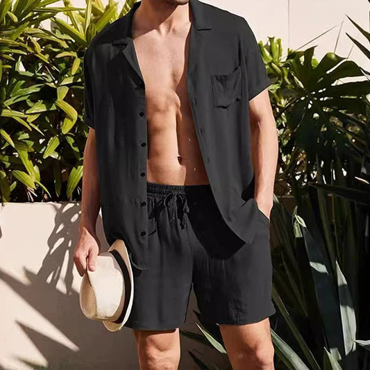 Men s Casual Two Piece Linen Outfit with Short Sleeve Button - up Shirt and Elastic Waist Shorts in Solid Color - Clothesfassion.store