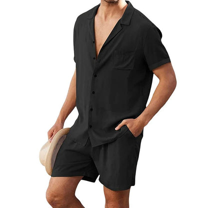 Men s Casual Two Piece Linen Outfit with Short Sleeve Button - up Shirt and Elastic Waist Shorts in Solid Color - Clothesfassion.store