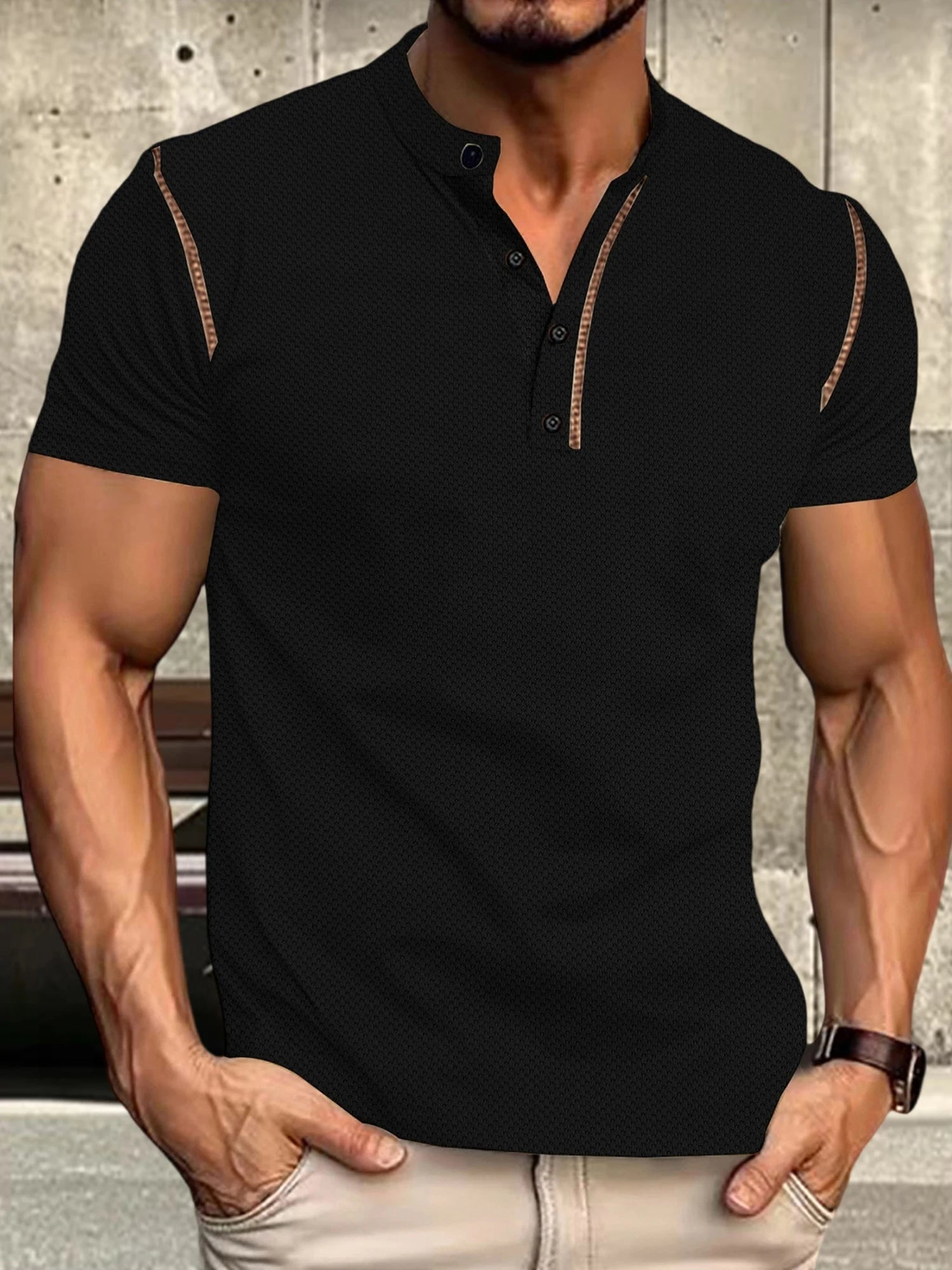 Men s Fit Henley Short Sleeve T-Shirt with Contrast Stitching Casual Summer Top for Streetwear Style - Clothesfassion.store