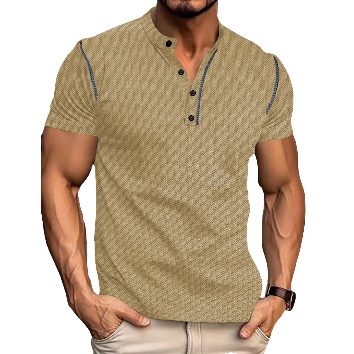 Men s Fit Henley Short Sleeve T-Shirt with Contrast Stitching Casual Summer Top for Streetwear Style - Clothesfassion.store