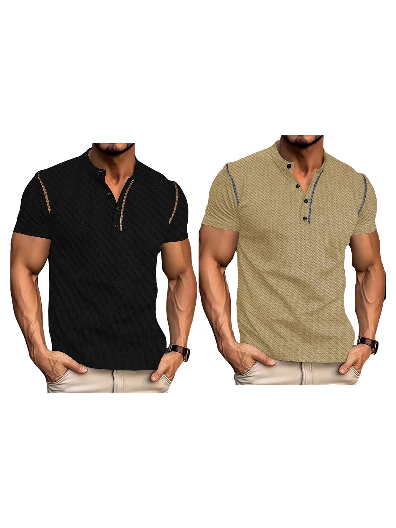Men s Fit Henley Short Sleeve T-Shirt with Contrast Stitching Casual Summer Top for Streetwear Style - Clothesfassion.store