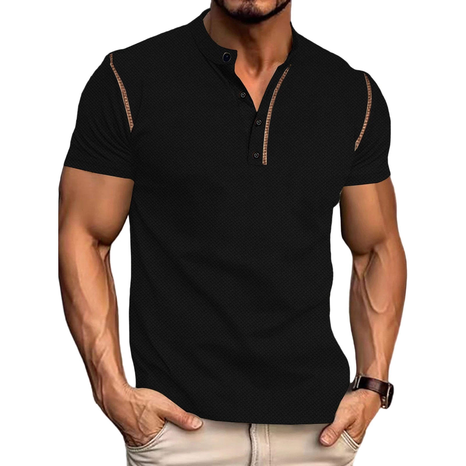 Men s Fit Henley Short Sleeve T-Shirt with Contrast Stitching Casual Summer Top for Streetwear Style - Clothesfassion.store