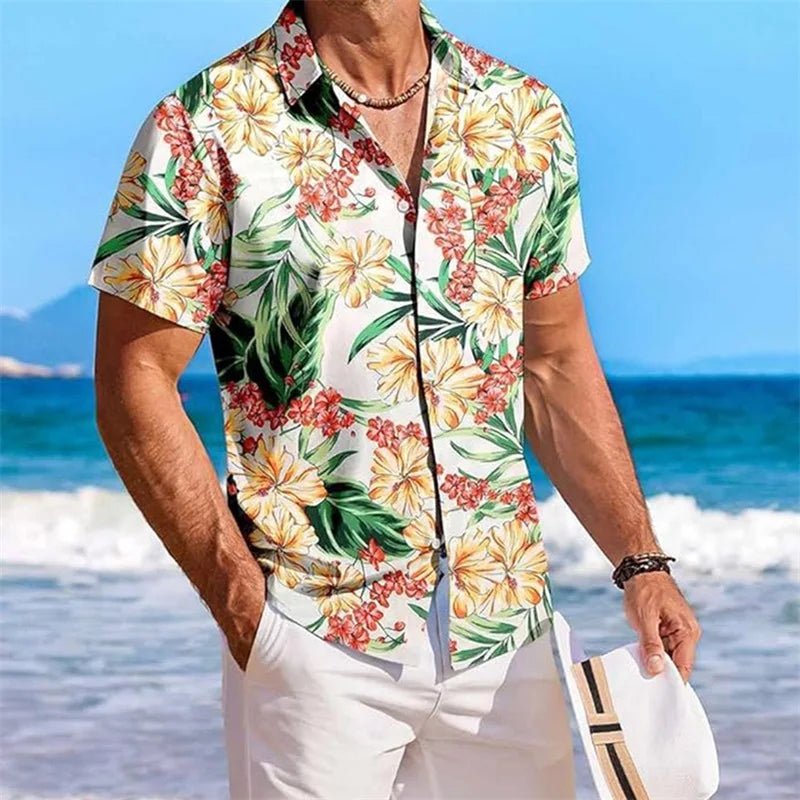 Men s Floral Print Short Sleeve Button Down Shirt with Chest Pocket for Casual Wear and Summer Outings Perfect for Beach and - Clothesfassion.store