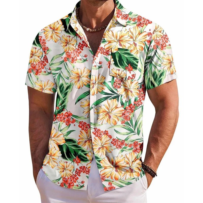 Men s Floral Print Short Sleeve Button Down Shirt with Chest Pocket for Casual Wear and Summer Outings Perfect for Beach and - Clothesfassion.store