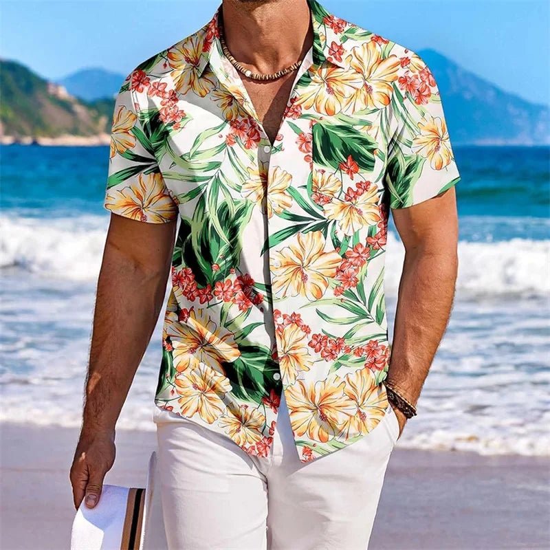 Men s Floral Print Short Sleeve Button Down Shirt with Chest Pocket for Casual Wear and Summer Outings Perfect for Beach and - Clothesfassion.store