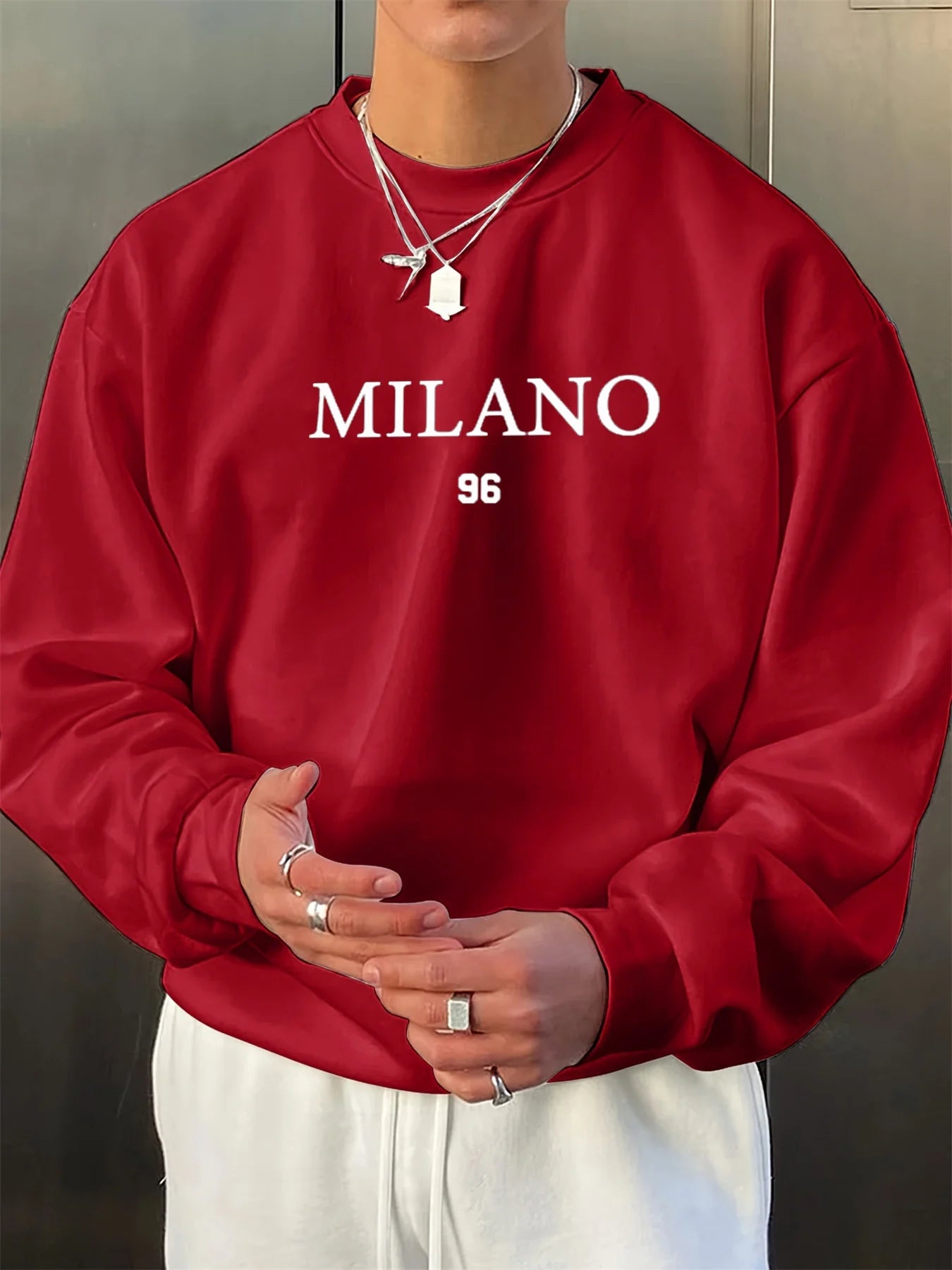 Men's autumn and winter velvet thickened warm and fashionable casual loose MILANO 96 printed round neck long sleeved pullover - Clothesfassion.store