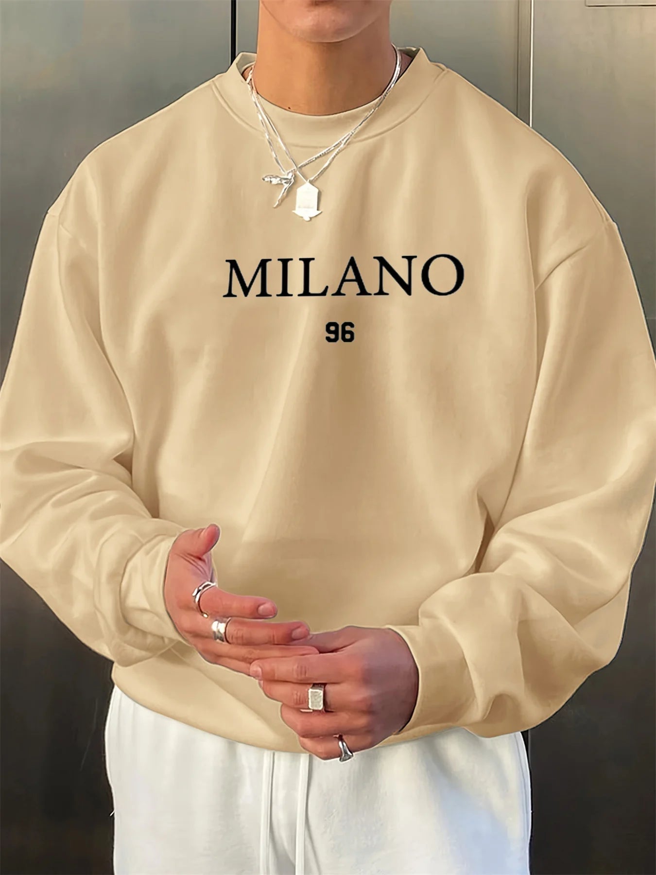 Men's autumn and winter velvet thickened warm and fashionable casual loose MILANO 96 printed round neck long sleeved pullover - Clothesfassion.store