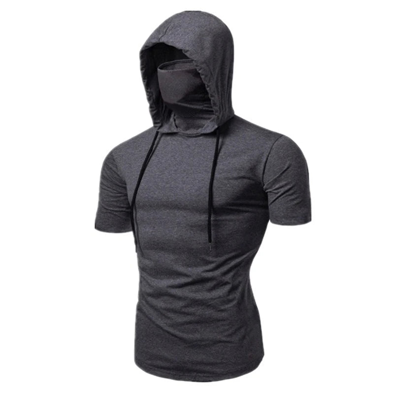 Mens Gym Thin Hoodie Short Sleeve Hoodies With Mask Sweatshirt Casual Splice Large Mask Hoodie Sweatshirt Hooded Tops Cycling - Clothesfassion.store
