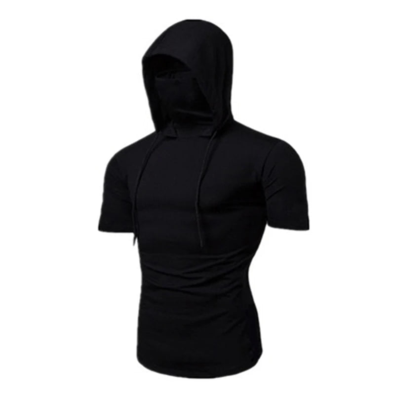Mens Gym Thin Hoodie Short Sleeve Hoodies With Mask Sweatshirt Casual Splice Large Mask Hoodie Sweatshirt Hooded Tops Cycling - Clothesfassion.store