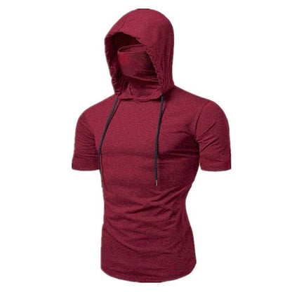 Mens Gym Thin Hoodie Short Sleeve Hoodies With Mask Sweatshirt Casual Splice Large Mask Hoodie Sweatshirt Hooded Tops Cycling - Clothesfassion.store