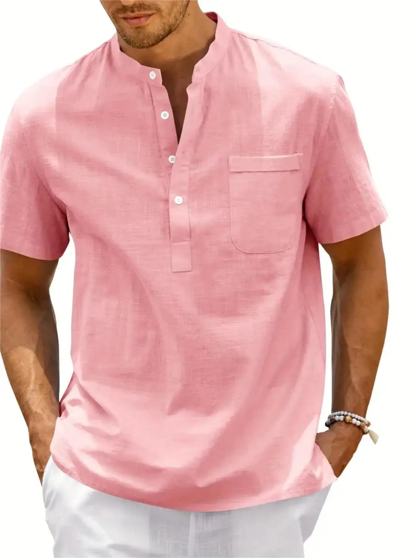 Men's Plus Size Cotton Linen Shirt with Pocket Casual Polo Shirt Short Sleeve Shirts Summer Lightweight Beach Tops - Clothesfassion.store