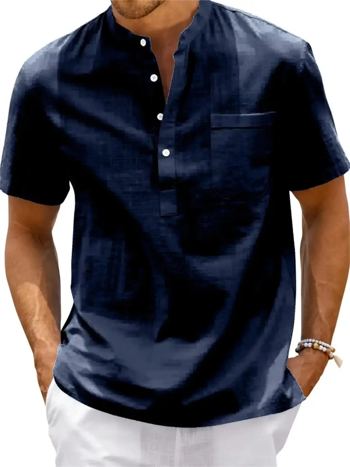 Men's Plus Size Cotton Linen Shirt with Pocket Casual Polo Shirt Short Sleeve Shirts Summer Lightweight Beach Tops - Clothesfassion.store