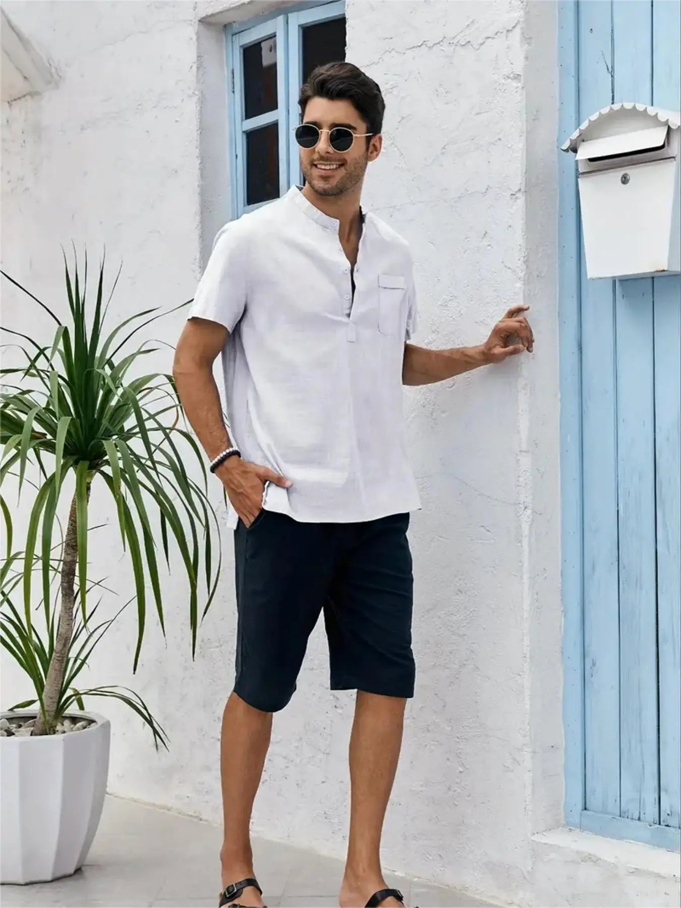 Men's Plus Size Cotton Linen Shirt with Pocket Casual Polo Shirt Short Sleeve Shirts Summer Lightweight Beach Tops - Clothesfassion.store