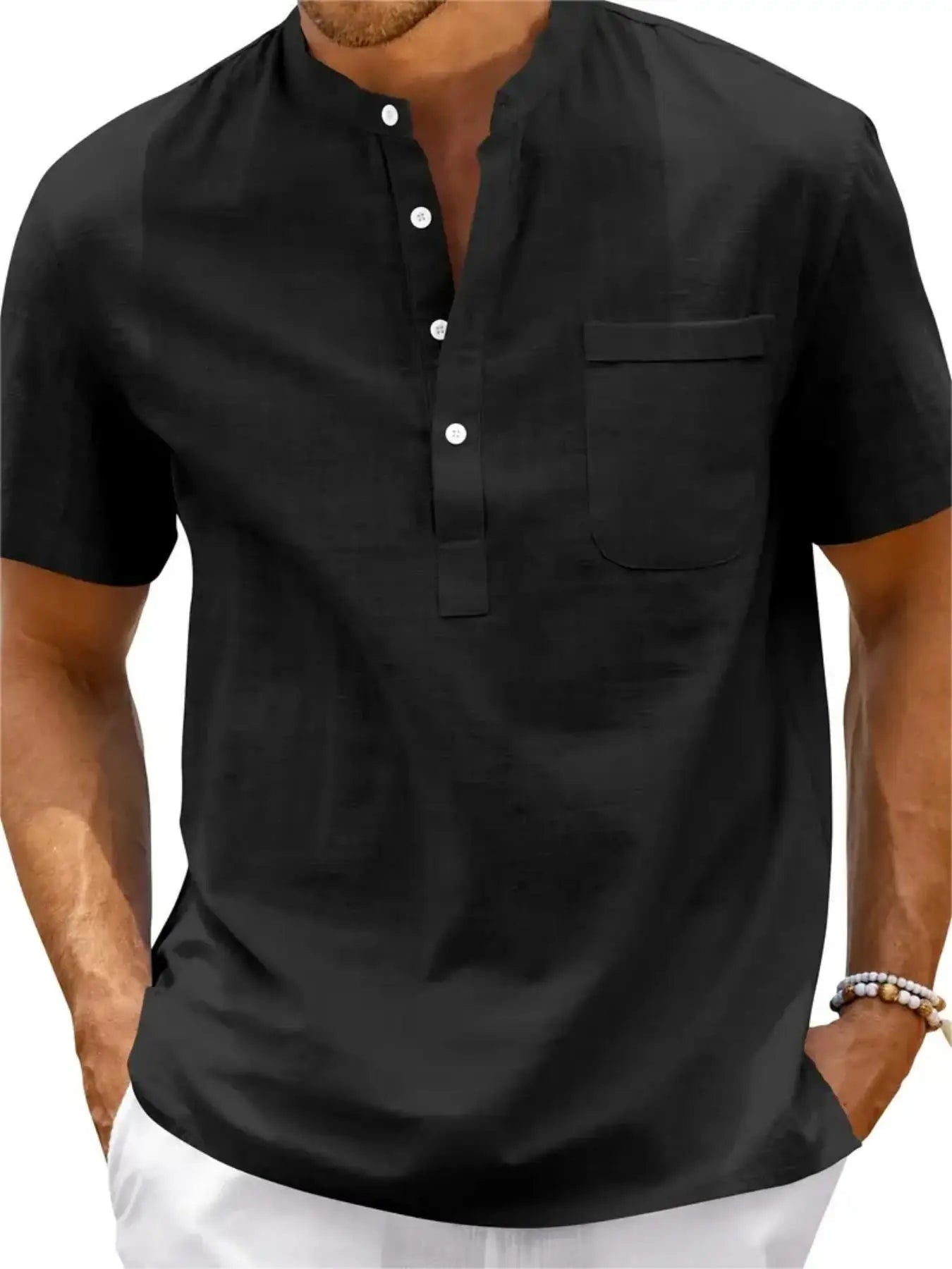Men's Plus Size Cotton Linen Shirt with Pocket Casual Polo Shirt Short Sleeve Shirts Summer Lightweight Beach Tops - Clothesfassion.store