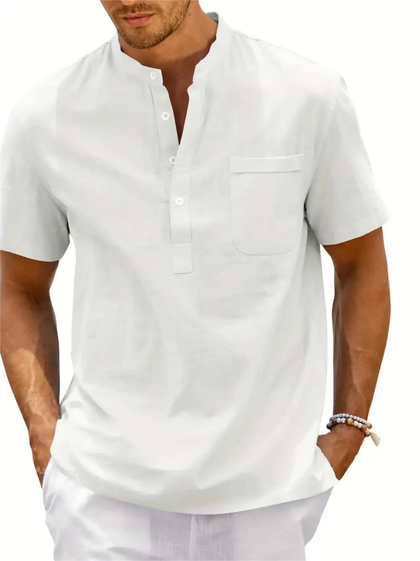 Men's Plus Size Cotton Linen Shirt with Pocket Casual Polo Shirt Short Sleeve Shirts Summer Lightweight Beach Tops - Clothesfassion.store