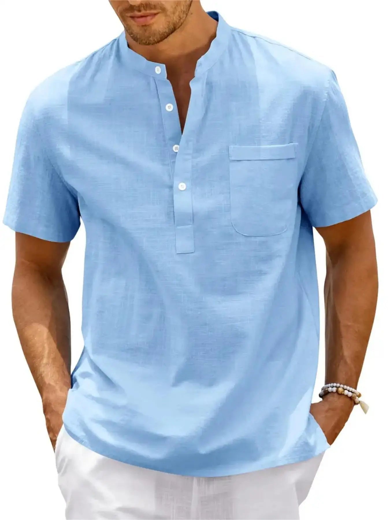 Men's Plus Size Cotton Linen Shirt with Pocket Casual Polo Shirt Short Sleeve Shirts Summer Lightweight Beach Tops - Clothesfassion.store