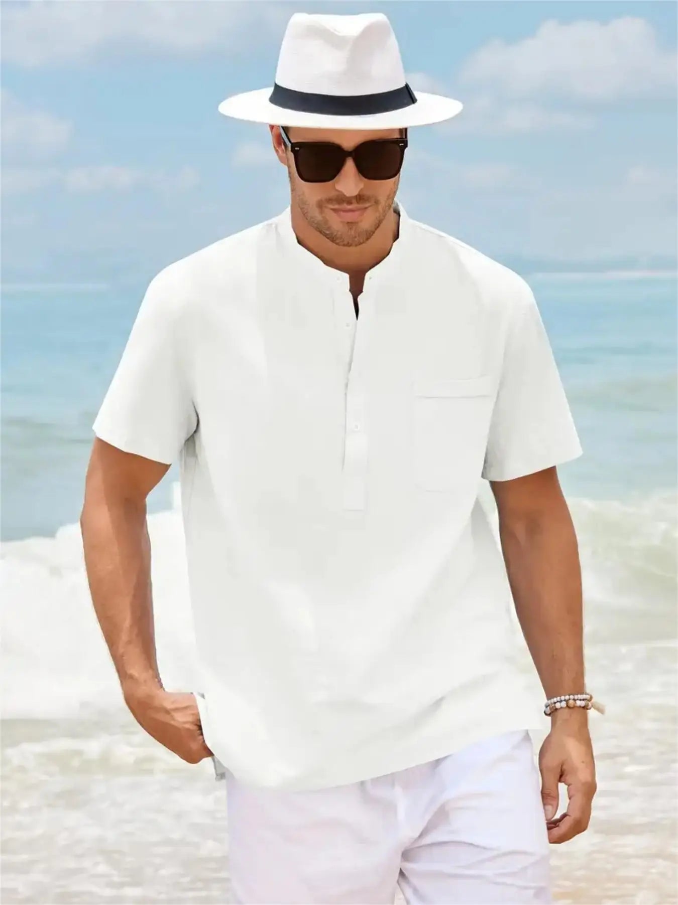 Men's Plus Size Cotton Linen Shirt with Pocket Casual Polo Shirt Short Sleeve Shirts Summer Lightweight Beach Tops - Clothesfassion.store