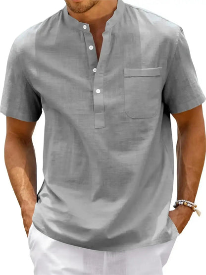 Men's Plus Size Cotton Linen Shirt with Pocket Casual Polo Shirt Short Sleeve Shirts Summer Lightweight Beach Tops - Clothesfassion.store