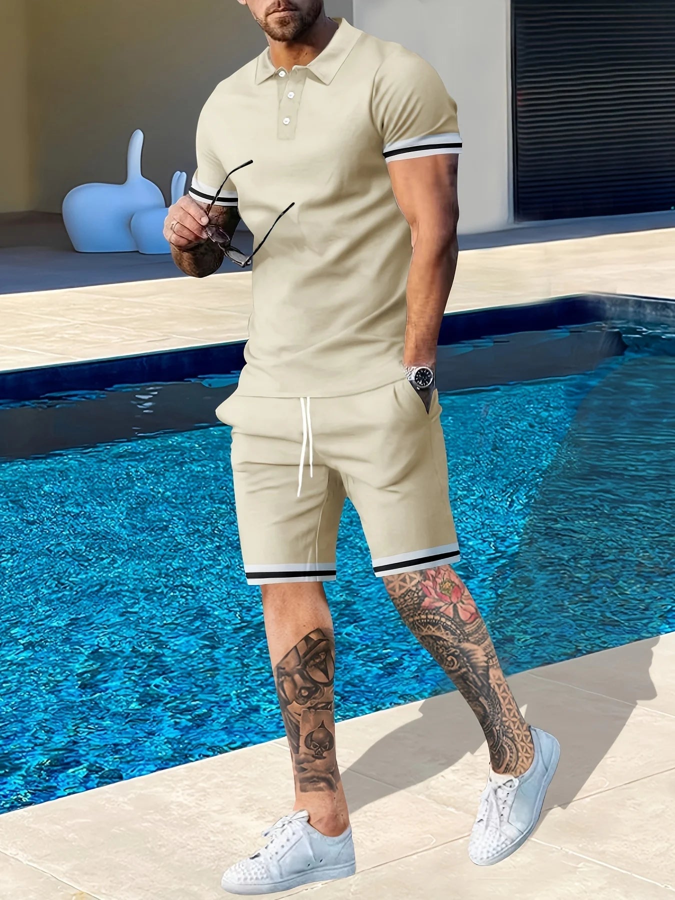 Men's Summer Short Sleeve Suit Polo Shirt Short Sleeve Shorts Athleisure Two - Piece Set Suitable For Everyday Travel - Clothesfassion.store