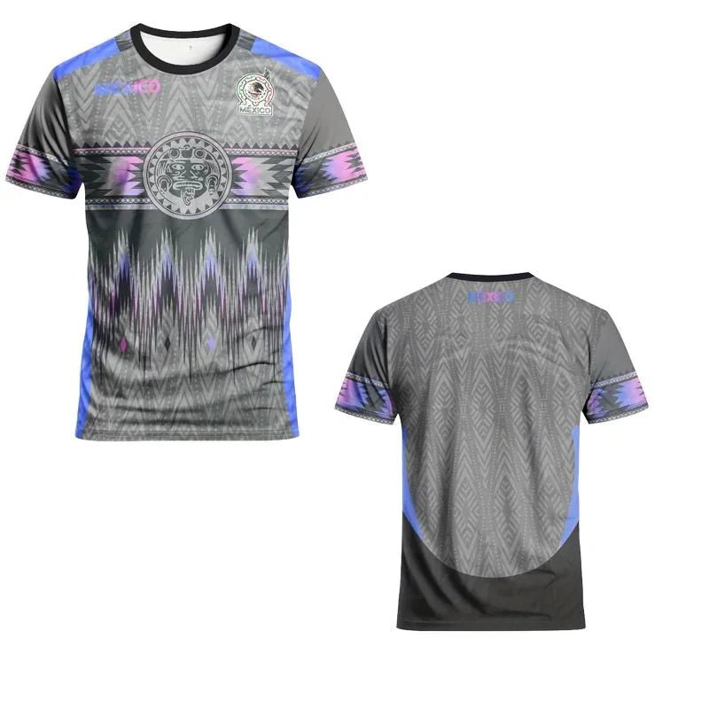 Mexican men's football jersey & Aztec round neck comfortable sports top & with Aztec and Mayan civilization prints & suitable fo - Clothesfassion.store