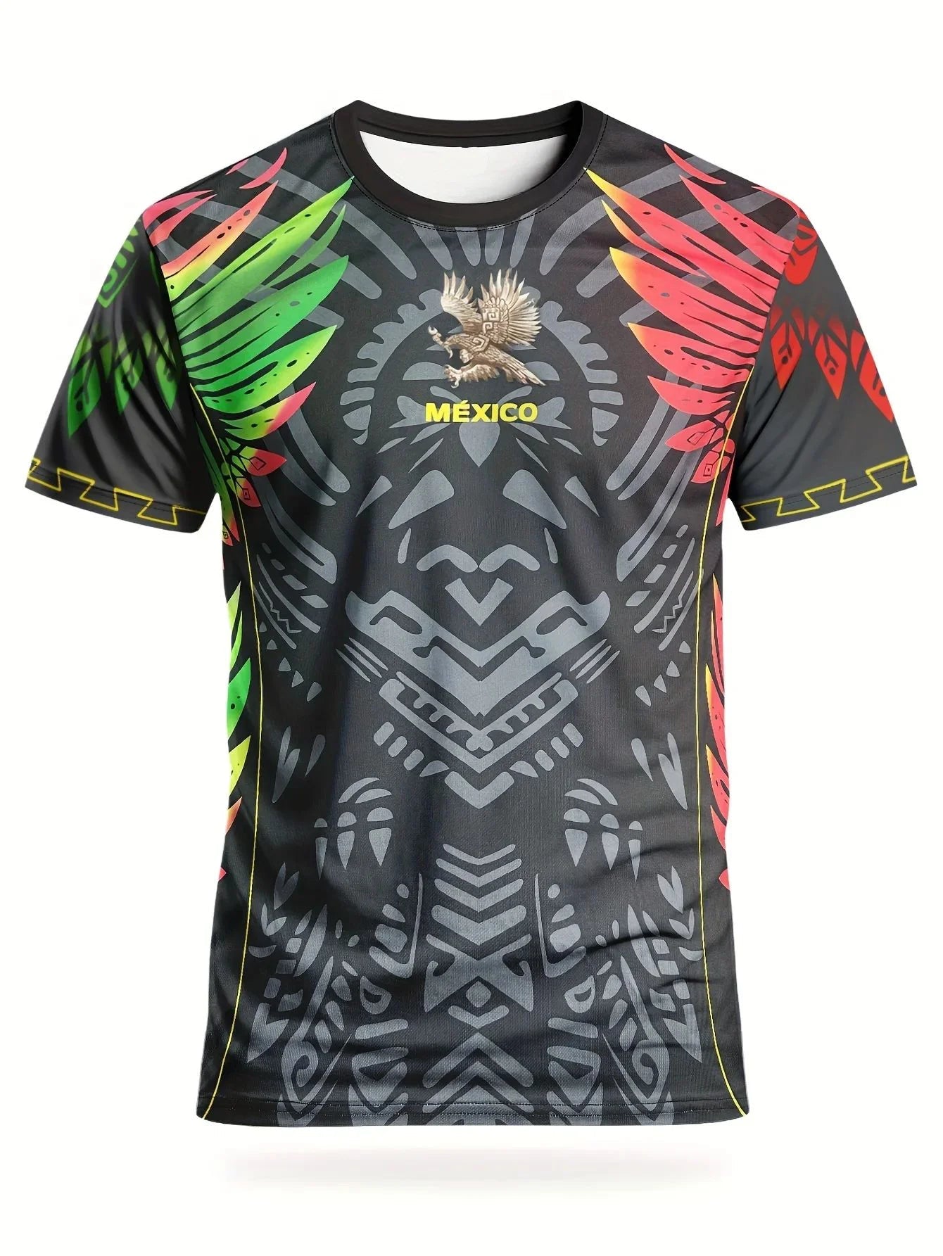 Mexican men's football jersey & Aztec round neck comfortable sports top & with Aztec and Mayan civilization prints & suitable fo - Clothesfassion.store