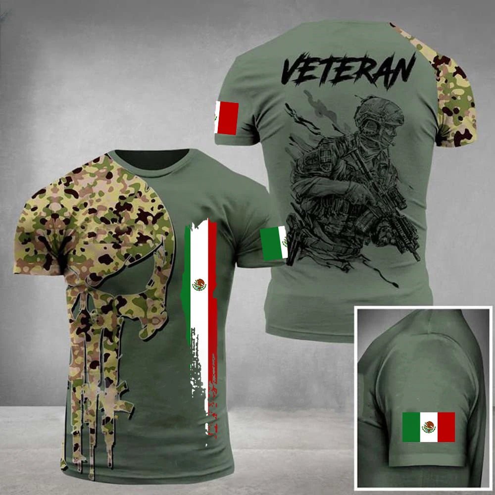 Mexico Flag Men's T-shirt Oversized Retired Military Graphic Casual Short Sleeve Tops Tees Mexican Outdoor Street Men's Clothing - Clothesfassion.store
