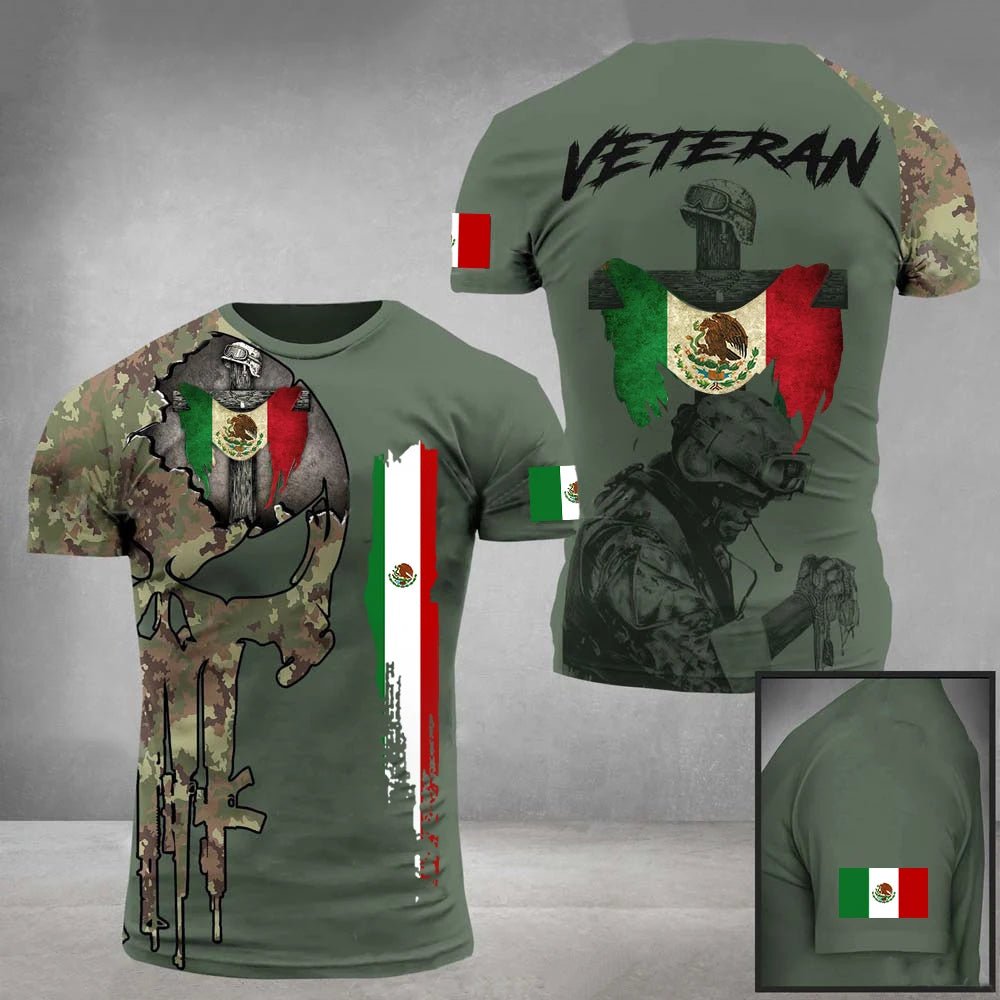 Mexico Flag Men's T-shirt Oversized Retired Military Graphic Casual Short Sleeve Tops Tees Mexican Outdoor Street Men's Clothing - Clothesfassion.store