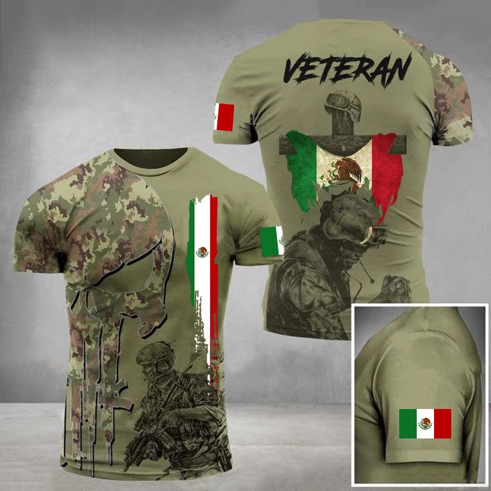 Mexico Flag Men's T-shirt Oversized Retired Military Graphic Casual Short Sleeve Tops Tees Mexican Outdoor Street Men's Clothing - Clothesfassion.store