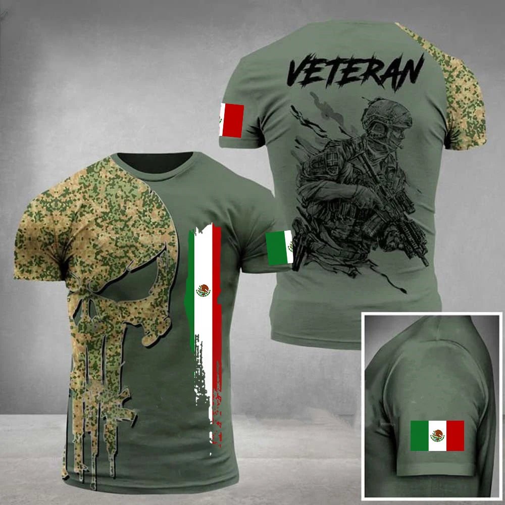 Mexico Flag Men's T-shirt Oversized Retired Military Graphic Casual Short Sleeve Tops Tees Mexican Outdoor Street Men's Clothing - Clothesfassion.store