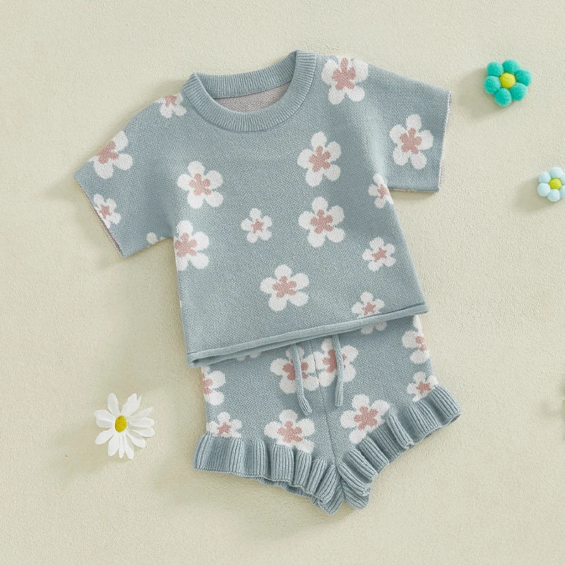 MISOWMNJOY Knitted Baby Girls Sweater Suits 2Pcs Spring Fall Newborn Outfits Short Sleeve Floral Tops + Shorts Toddler Clothes - Clothesfassion.store