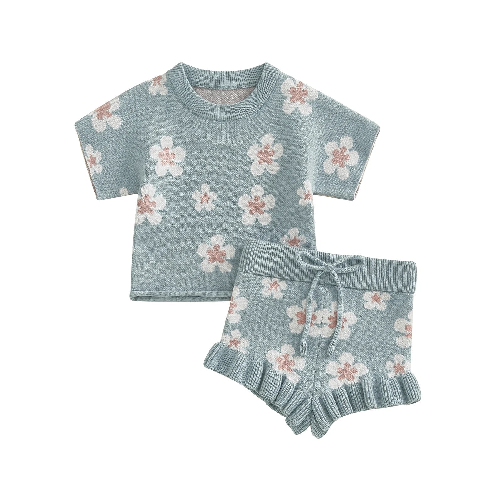 MISOWMNJOY Knitted Baby Girls Sweater Suits 2Pcs Spring Fall Newborn Outfits Short Sleeve Floral Tops + Shorts Toddler Clothes - Clothesfassion.store