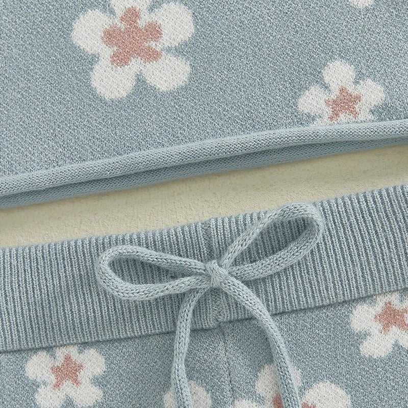 MISOWMNJOY Knitted Baby Girls Sweater Suits 2Pcs Spring Fall Newborn Outfits Short Sleeve Floral Tops + Shorts Toddler Clothes - Clothesfassion.store