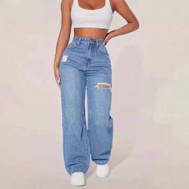 Mom Jeans Women Denim Pant Wide Leg Long Pants Hole High Waist Straight Trousers Y2k Streetwear Work Splice Casual 2025 Punk - Clothesfassion.store