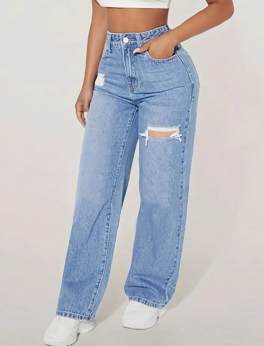 Mom Jeans Women Denim Pant Wide Leg Long Pants Hole High Waist Straight Trousers Y2k Streetwear Work Splice Casual 2025 Punk - Clothesfassion.store