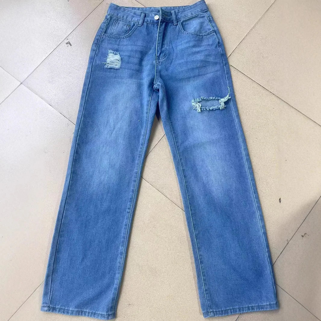 Mom Jeans Women Denim Pant Wide Leg Long Pants Hole High Waist Straight Trousers Y2k Streetwear Work Splice Casual 2025 Punk - Clothesfassion.store