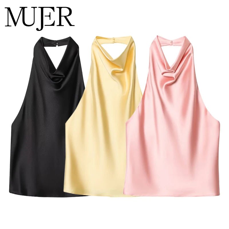 MUJER 2025 Halter Tops for Women Black Satin Backless Top Female Pink Summer Beach Top Woman off Shoulder Camisole Top Women - Clothesfassion.store