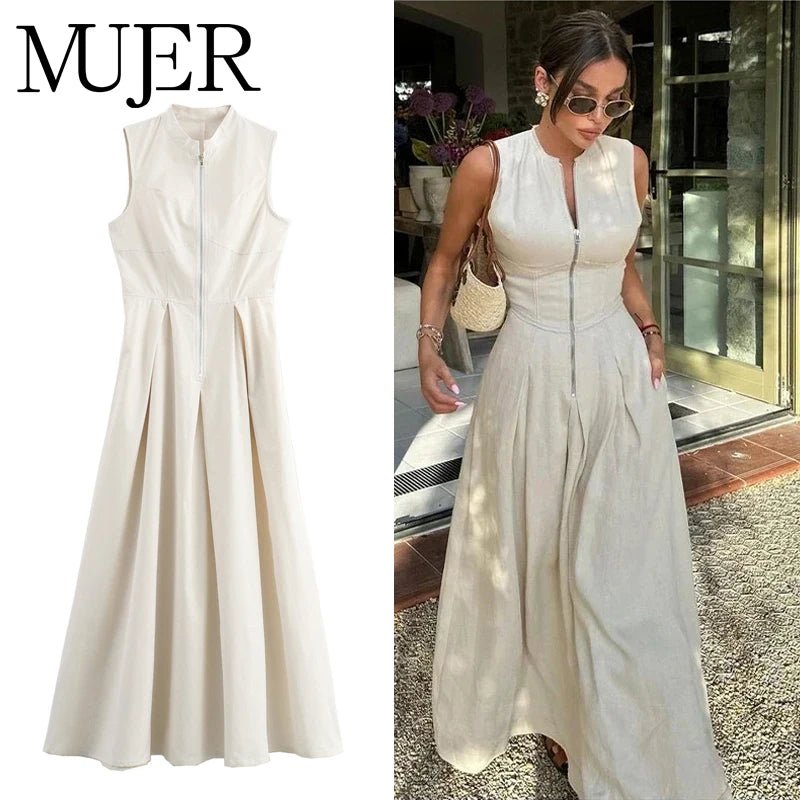 MUJER 2026 Draped Long Dresses for Women Zip Sleeveless Maxi Dress Woman Summer Holiday Womens Dresses Ruched Party Female Dress - Clothesfassion.store