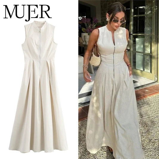 MUJER 2026 Draped Long Dresses for Women Zip Sleeveless Maxi Dress Woman Summer Holiday Womens Dresses Ruched Party Female Dress - Clothesfassion.store